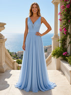 Chiffon A-Line/Princess V-Neck Tea-Length Mother of the Bride & Groom Dresses with Pleats (SHI22501352)