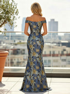 Jacquard Mermaid/Trumpet Off Shoulder Floor-Length Mother of the Bride & Groom Dresses with Corset Bodice (SHI22500833)