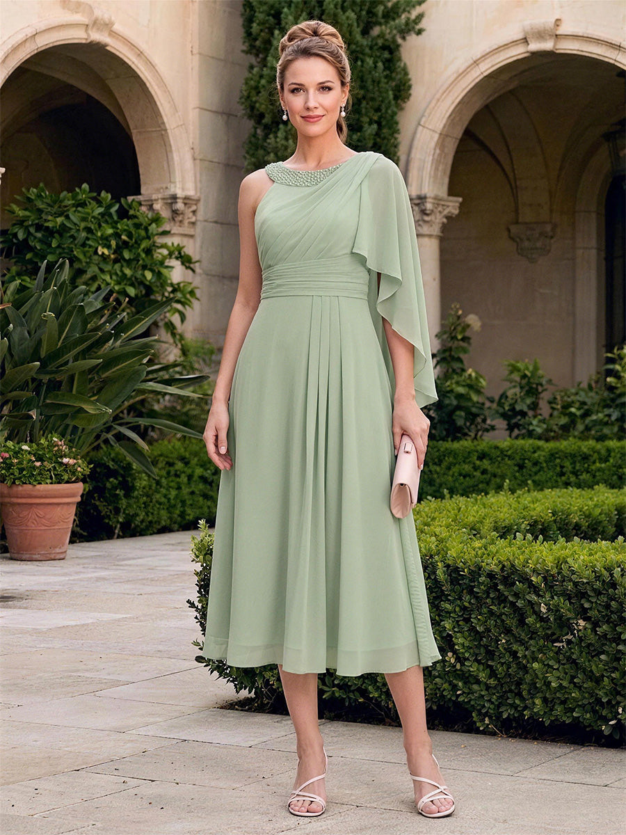 Chiffon A-Line/Princess V-Neck Tea-Length Mother of the Bride & Groom Dresses with Pleats (SHI22501352)