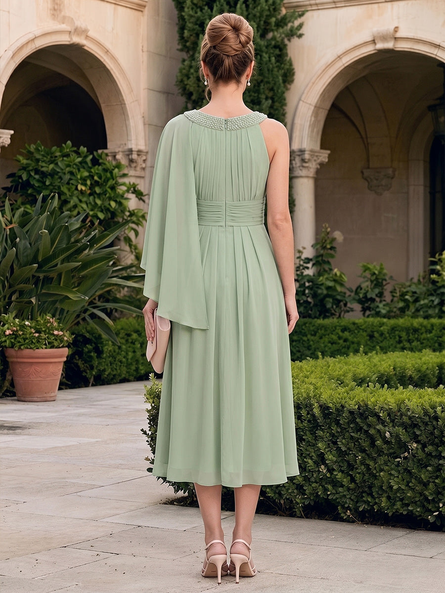 Chiffon A-Line/Princess V-Neck Tea-Length Mother of the Bride & Groom Dresses with Pleats (SHI22501352)