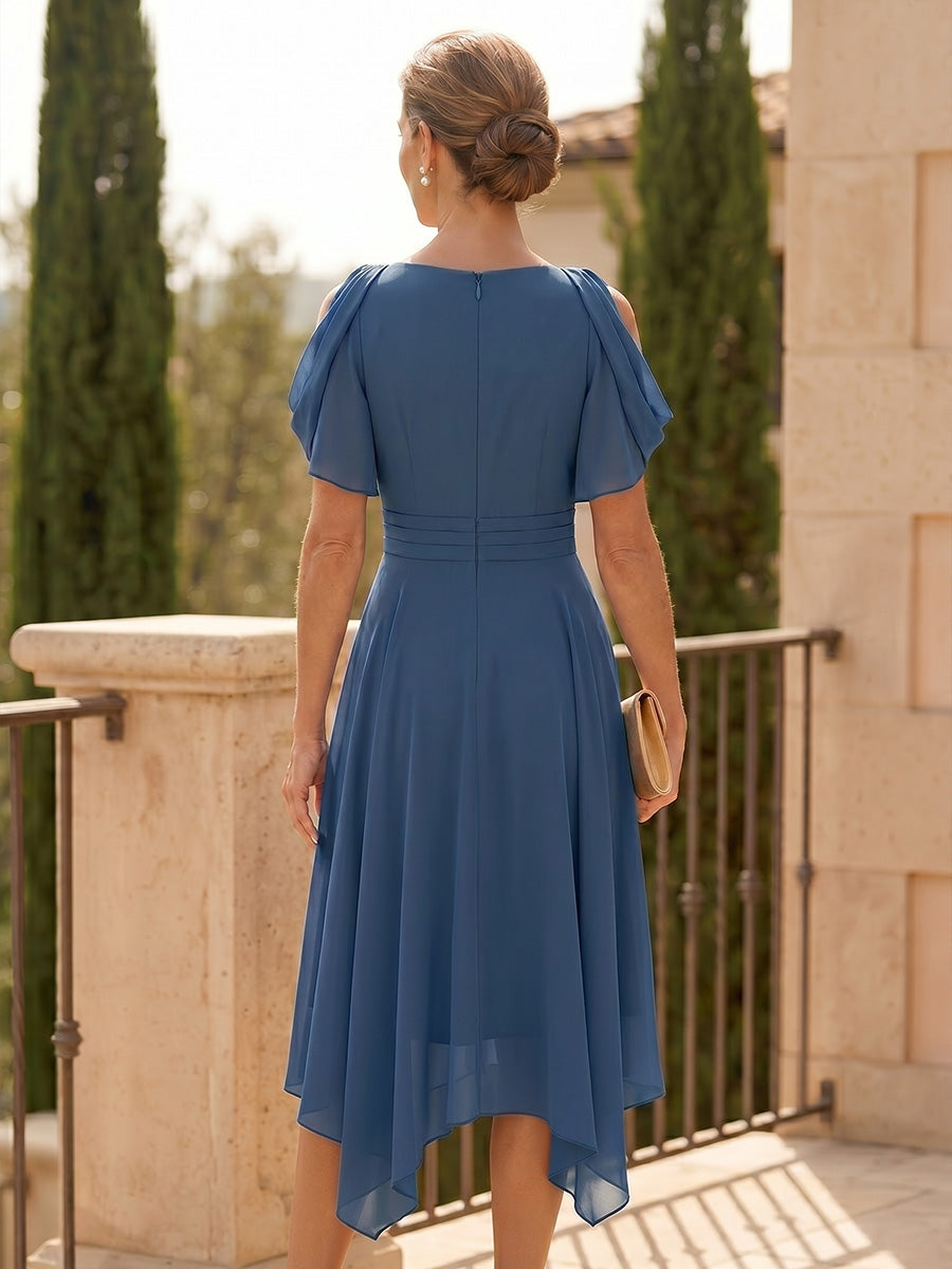 Chiffon A-Line/Princess V-Neck Tea-Length Mother of the Bride & Groom Dresses with Pleats (SHI22501352)
