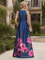 Floral Print A-Line/Princess Scoop Neck Floor-Length Mother of the Bride & Groom Dresses with Pockets (SHI22500916)