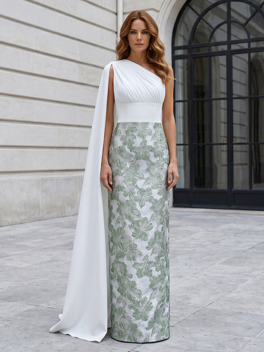 Jacquard Sheath/Column One Shoulder Floor-Length Mother of the Bride & Groom Dresses with Ruched Satin Bodice & Bow (SHI22501007)
