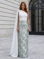 Jacquard Sheath/Column One Shoulder Floor-Length Mother of the Bride & Groom Dresses with Ruched Satin Bodice & Bow (SHI22501007)