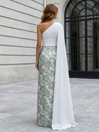 Jacquard Sheath/Column One Shoulder Floor-Length Mother of the Bride & Groom Dresses with Ruched Satin Bodice & Bow (SHI22501007)