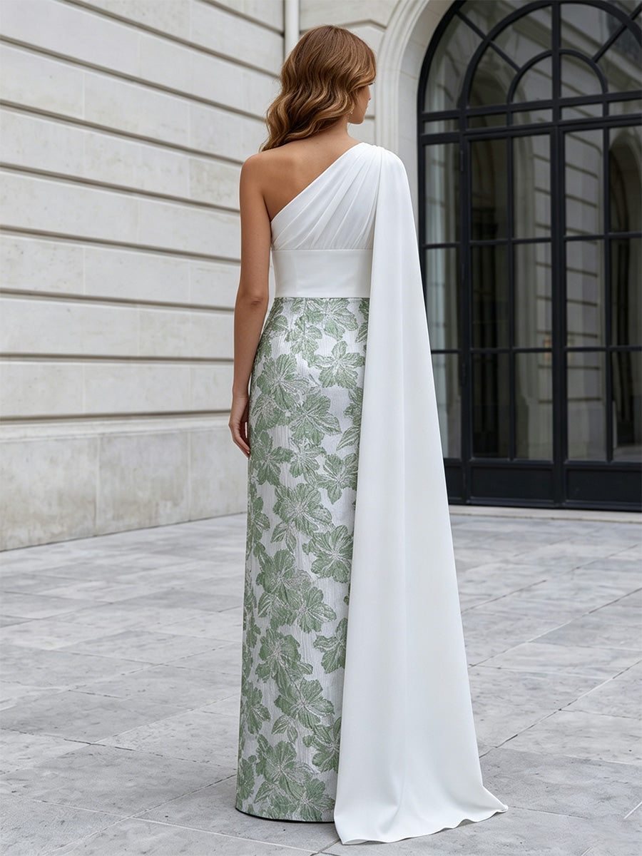 Jacquard Sheath/Column One Shoulder Floor-Length Mother of the Bride & Groom Dresses with Ruched Satin Bodice & Bow (SHI22501007)