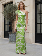 Jacquard Sheath/Column One Shoulder Floor-Length Mother of the Bride & Groom Dresses with Ruched Satin Bodice & Bow (SHI22501007)