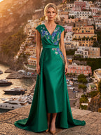 Satin Sheath/Column V-Neck Floor-Length Mother of the Bride & Groom Dresses with Ruffles (SHI22500838)
