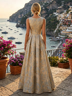 Jacquard A-Line/Princess V-Neck Floor-Length Mother of the Bride & Groom Dresses with Ruched Waist & Pockets (SHI22500984)