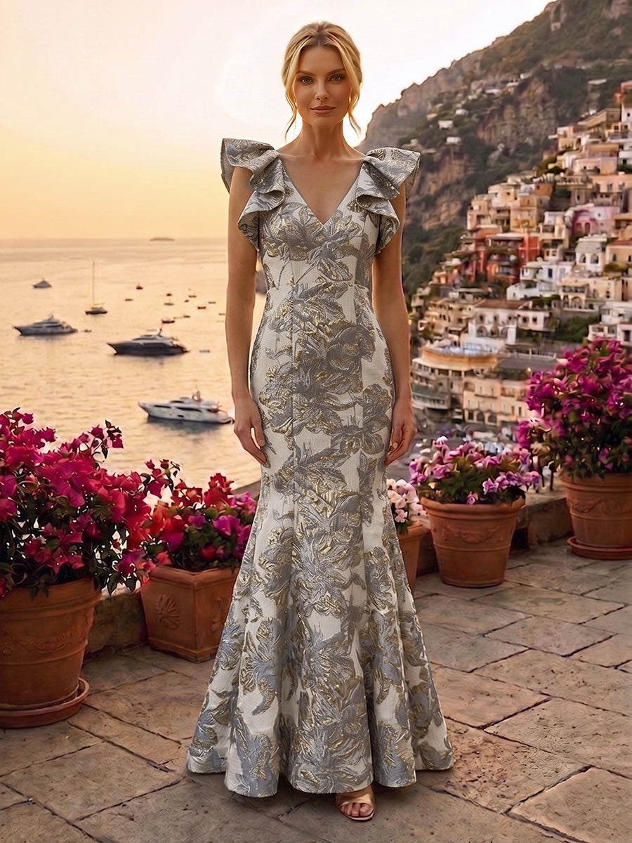 Jacquard Mermaid/Trumpet V-Neck Floor-Length Mother of the Bride & Groom Dresses for Women (SHI22501233)