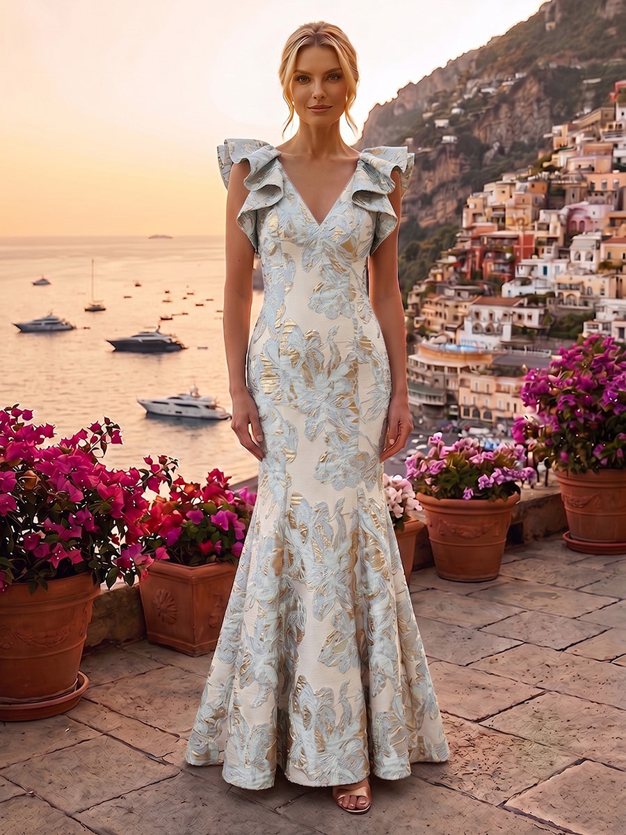 Jacquard Mermaid/Trumpet V-Neck Floor-Length Mother of the Bride & Groom Dresses for Women (SHI22501233)