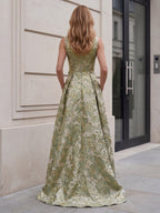Jacquard A-Line/Princess Scoop Neck Floor-Length Mother of the Bride & Groom Dresses with Ruffles, Pleats & Pockets (SHI22501237)