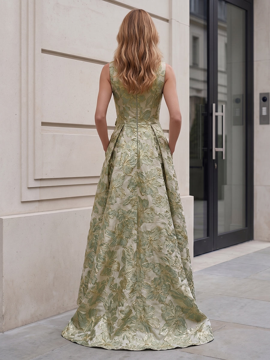Jacquard A-Line/Princess Scoop Neck Floor-Length Mother of the Bride & Groom Dresses with Ruffles, Pleats & Pockets (SHI22501237)