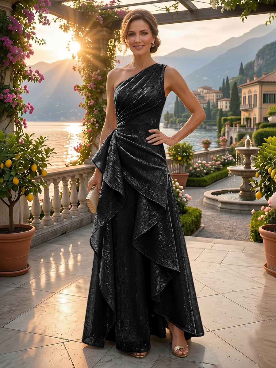 Chiffon A-Line/Princess One Shoulder Floor-Length Mother of the Bride & Groom Dresses with Ruffles & Ruched Waist (SHI22501248)