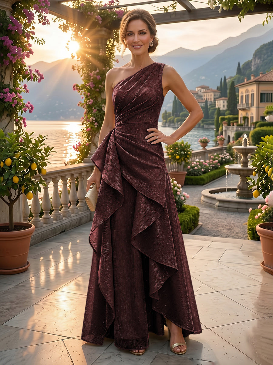 Chiffon A-Line/Princess One Shoulder Floor-Length Mother of the Bride & Groom Dresses with Ruffles & Ruched Waist (SHI22501248)