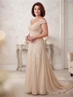 Chiffon Lace A-Line/Princess Off Shoulder Long Mother of the Bride & Groom Dresses with Ruched Waist & Sweep Train (SHI22501250)