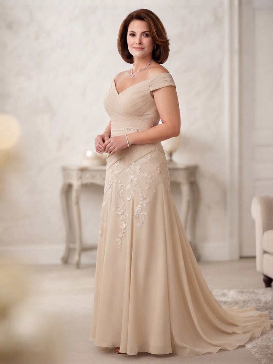 Chiffon Lace A-Line/Princess Off Shoulder Long Mother of the Bride & Groom Dresses with Ruched Waist & Sweep Train (SHI22501250)