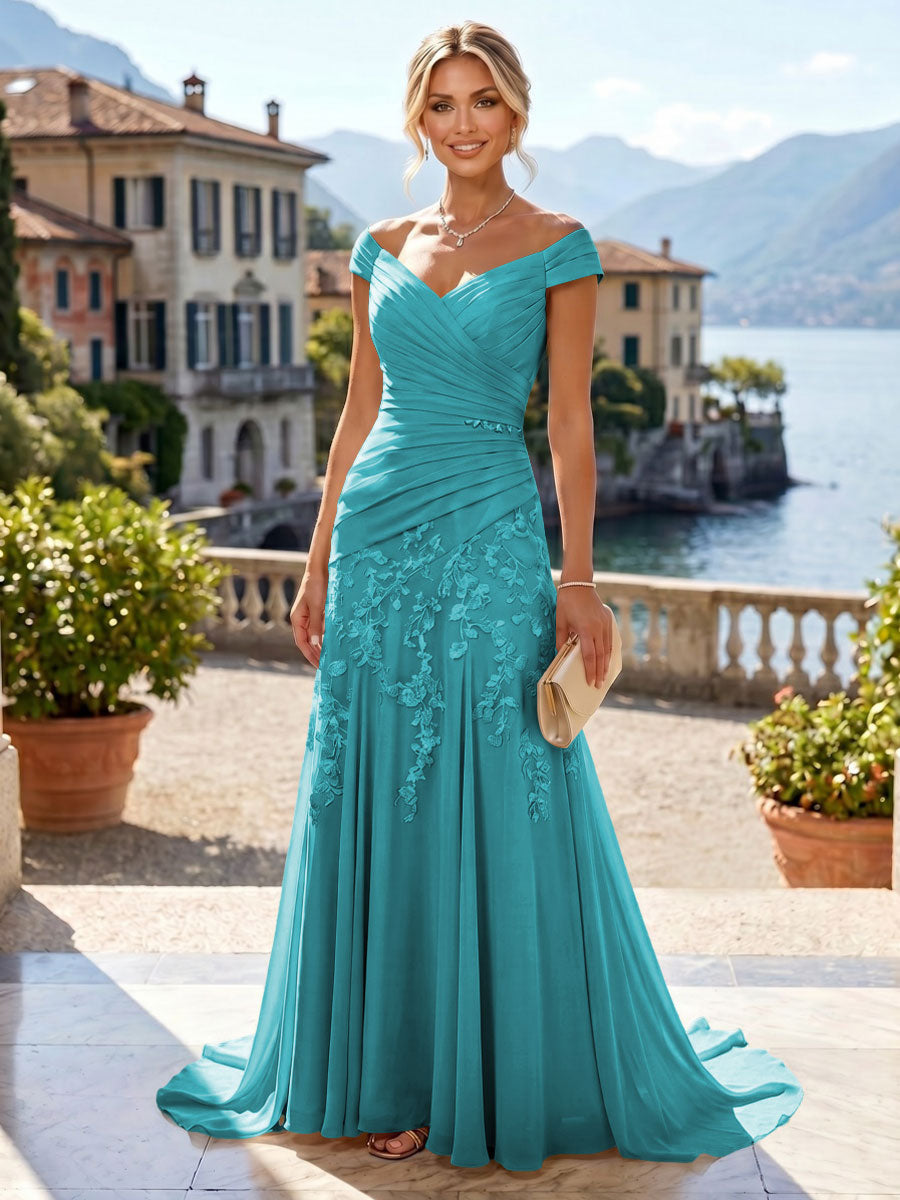 Chiffon Lace A-Line/Princess Off Shoulder Long Mother of the Bride & Groom Dresses with Ruched Waist & Sweep Train (SHI22501250)
