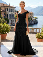 Chiffon Lace A-Line/Princess Off Shoulder Long Mother of the Bride & Groom Dresses with Ruched Waist & Sweep Train (SHI22501250)