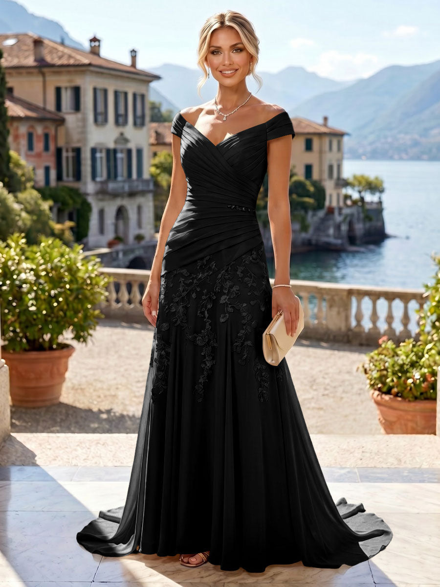 Chiffon Lace A-Line/Princess Off Shoulder Long Mother of the Bride & Groom Dresses with Ruched Waist & Sweep Train (SHI22501250)