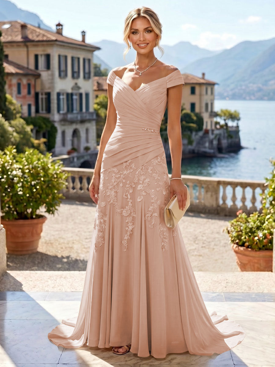 Chiffon Lace A-Line/Princess Off Shoulder Long Mother of the Bride & Groom Dresses with Ruched Waist & Sweep Train (SHI22501250)