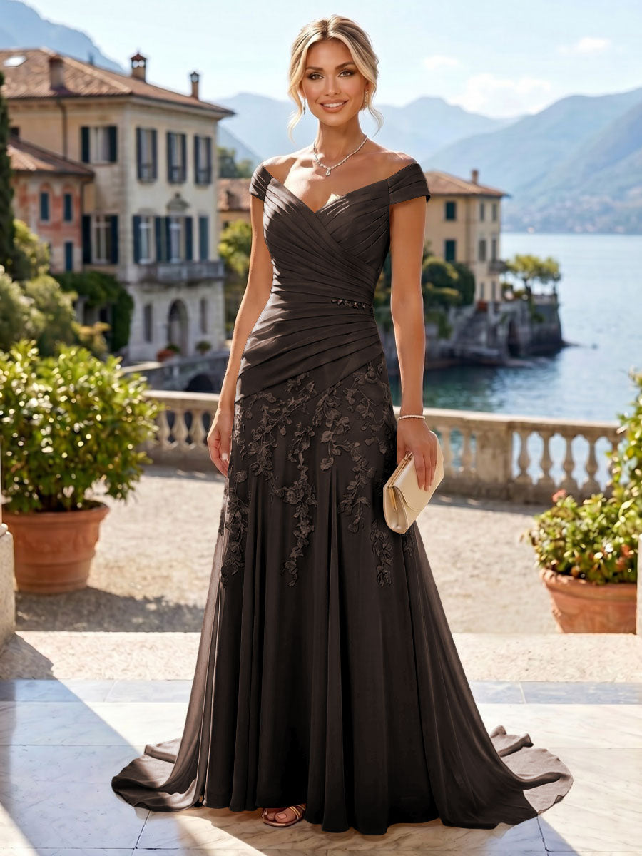 Chiffon Lace A-Line/Princess Off Shoulder Long Mother of the Bride & Groom Dresses with Ruched Waist & Sweep Train (SHI22501250)