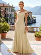 Chiffon Lace A-Line/Princess Off Shoulder Long Mother of the Bride & Groom Dresses with Ruched Waist & Sweep Train (SHI22501250)