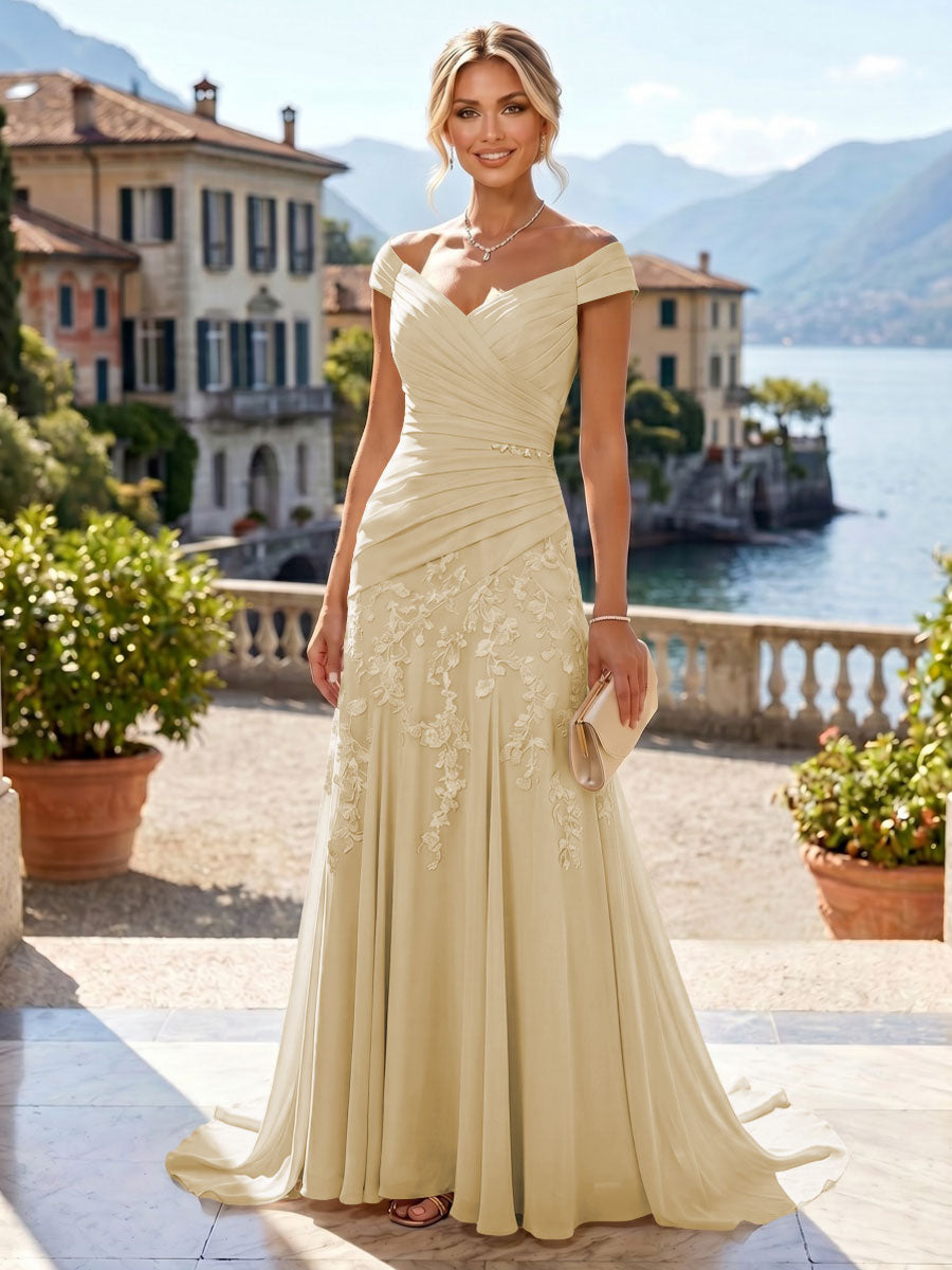 Chiffon Lace A-Line/Princess Off Shoulder Long Mother of the Bride & Groom Dresses with Ruched Waist & Sweep Train (SHI22501250)