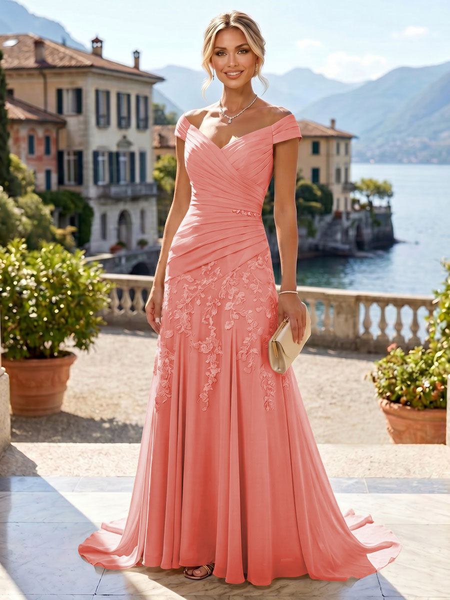 Chiffon Lace A-Line/Princess Off Shoulder Long Mother of the Bride & Groom Dresses with Ruched Waist & Sweep Train (SHI22501250)