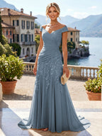 Chiffon Lace A-Line/Princess Off Shoulder Long Mother of the Bride & Groom Dresses with Ruched Waist & Sweep Train (SHI22501250)