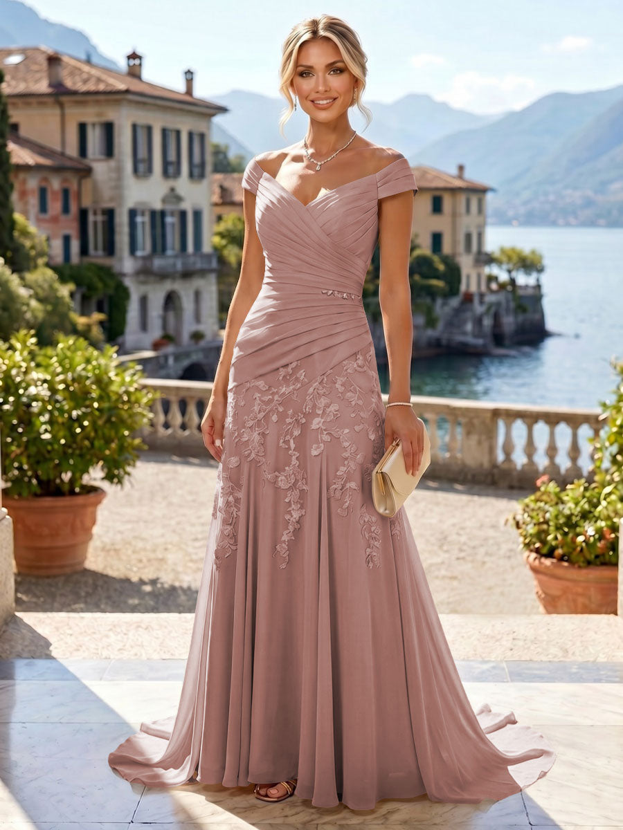 Chiffon Lace A-Line/Princess Off Shoulder Long Mother of the Bride & Groom Dresses with Ruched Waist & Sweep Train (SHI22501250)
