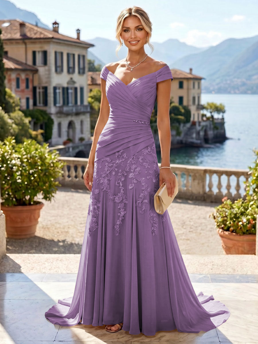 Chiffon Lace A-Line/Princess Off Shoulder Long Mother of the Bride & Groom Dresses with Ruched Waist & Sweep Train (SHI22501250)