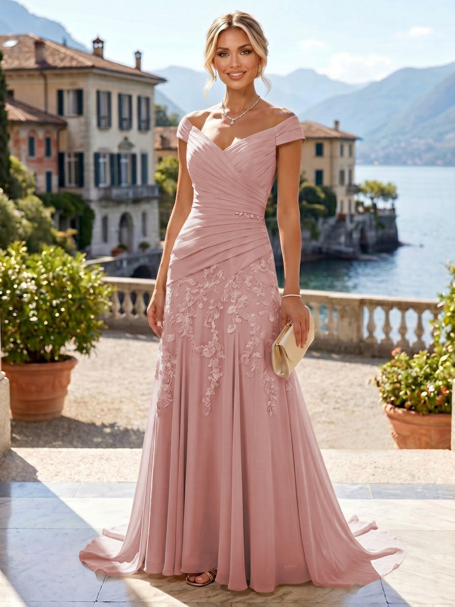 Chiffon Lace A-Line/Princess Off Shoulder Long Mother of the Bride & Groom Dresses with Ruched Waist & Sweep Train (SHI22501250)