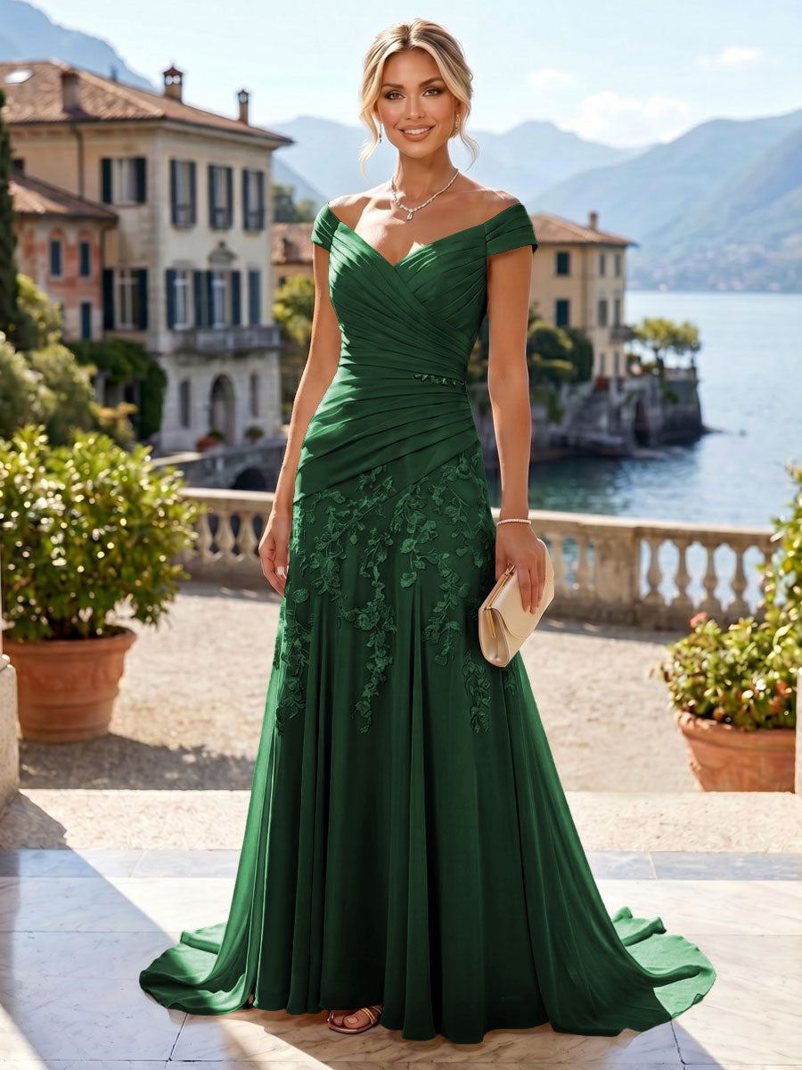 Chiffon Lace A-Line/Princess Off Shoulder Long Mother of the Bride & Groom Dresses with Ruched Waist & Sweep Train (SHI22501250)