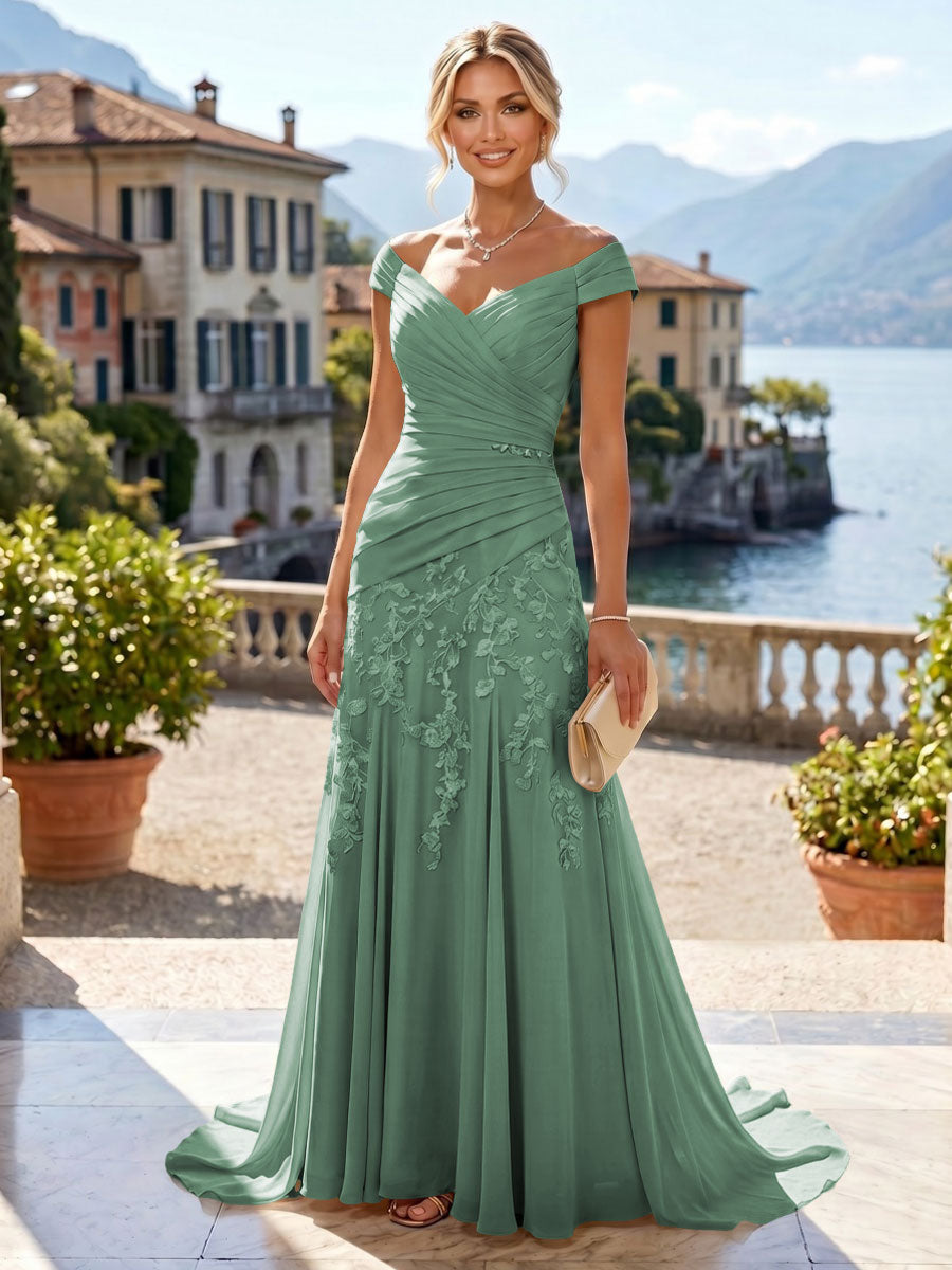 Chiffon Lace A-Line/Princess Off Shoulder Long Mother of the Bride & Groom Dresses with Ruched Waist & Sweep Train (SHI22501250)