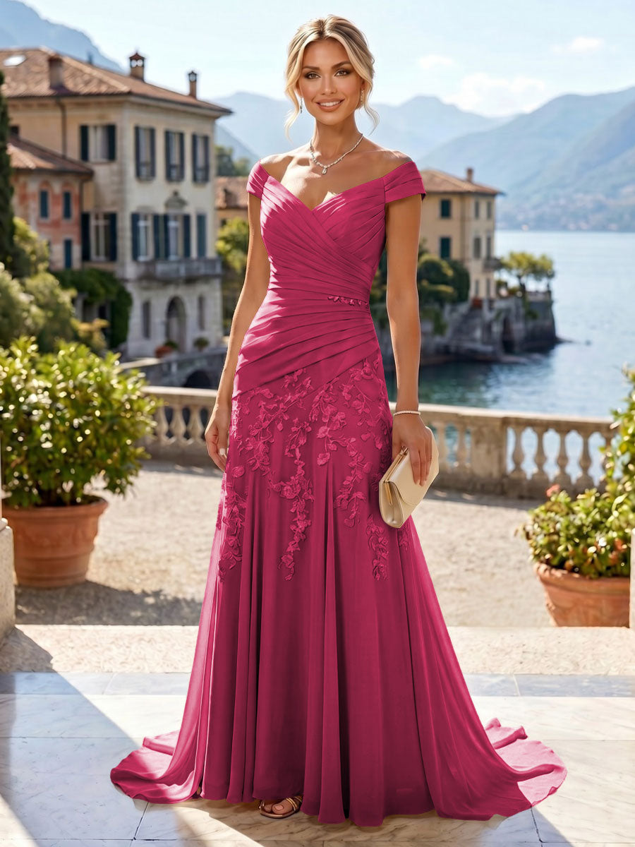 Chiffon Lace A-Line/Princess Off Shoulder Long Mother of the Bride & Groom Dresses with Ruched Waist & Sweep Train (SHI22501250)