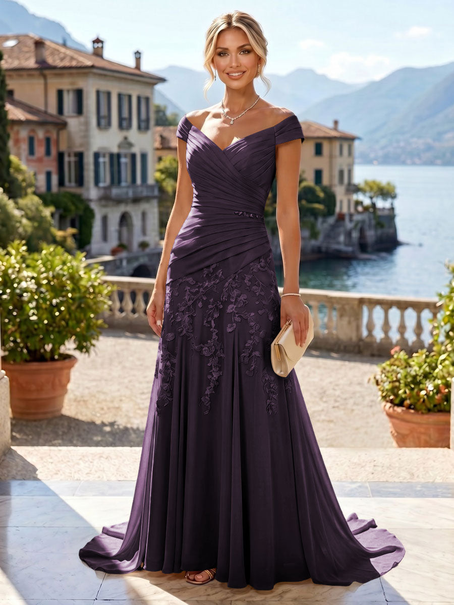 Chiffon Lace A-Line/Princess Off Shoulder Long Mother of the Bride & Groom Dresses with Ruched Waist & Sweep Train (SHI22501250)