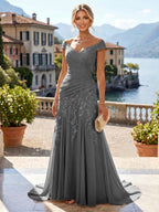 Chiffon Lace A-Line/Princess Off Shoulder Long Mother of the Bride & Groom Dresses with Ruched Waist & Sweep Train (SHI22501250)