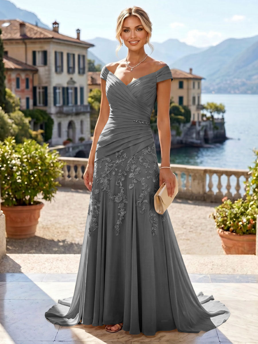 Chiffon Lace A-Line/Princess Off Shoulder Long Mother of the Bride & Groom Dresses with Ruched Waist & Sweep Train (SHI22501250)