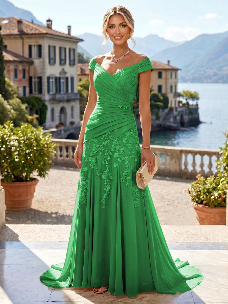 Chiffon Lace A-Line/Princess Off Shoulder Long Mother of the Bride & Groom Dresses with Ruched Waist & Sweep Train (SHI22501250)