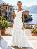 Chiffon Lace A-Line/Princess Off Shoulder Long Mother of the Bride & Groom Dresses with Ruched Waist & Sweep Train (SHI22501250)