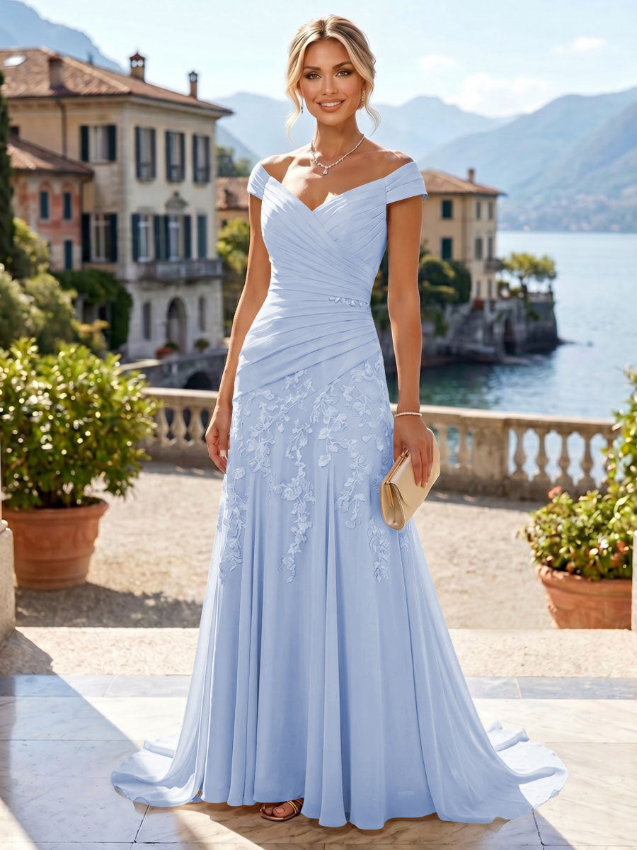 Chiffon Lace A-Line/Princess Off Shoulder Long Mother of the Bride & Groom Dresses with Ruched Waist & Sweep Train (SHI22501250)