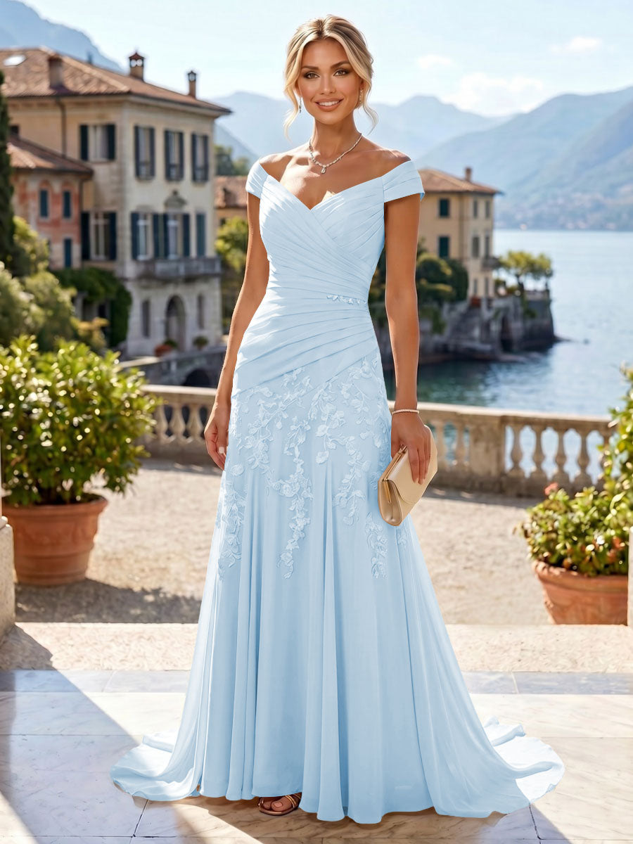 Chiffon Lace A-Line/Princess Off Shoulder Long Mother of the Bride & Groom Dresses with Ruched Waist & Sweep Train (SHI22501250)