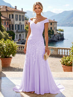 Chiffon Lace A-Line/Princess Off Shoulder Long Mother of the Bride & Groom Dresses with Ruched Waist & Sweep Train (SHI22501250)