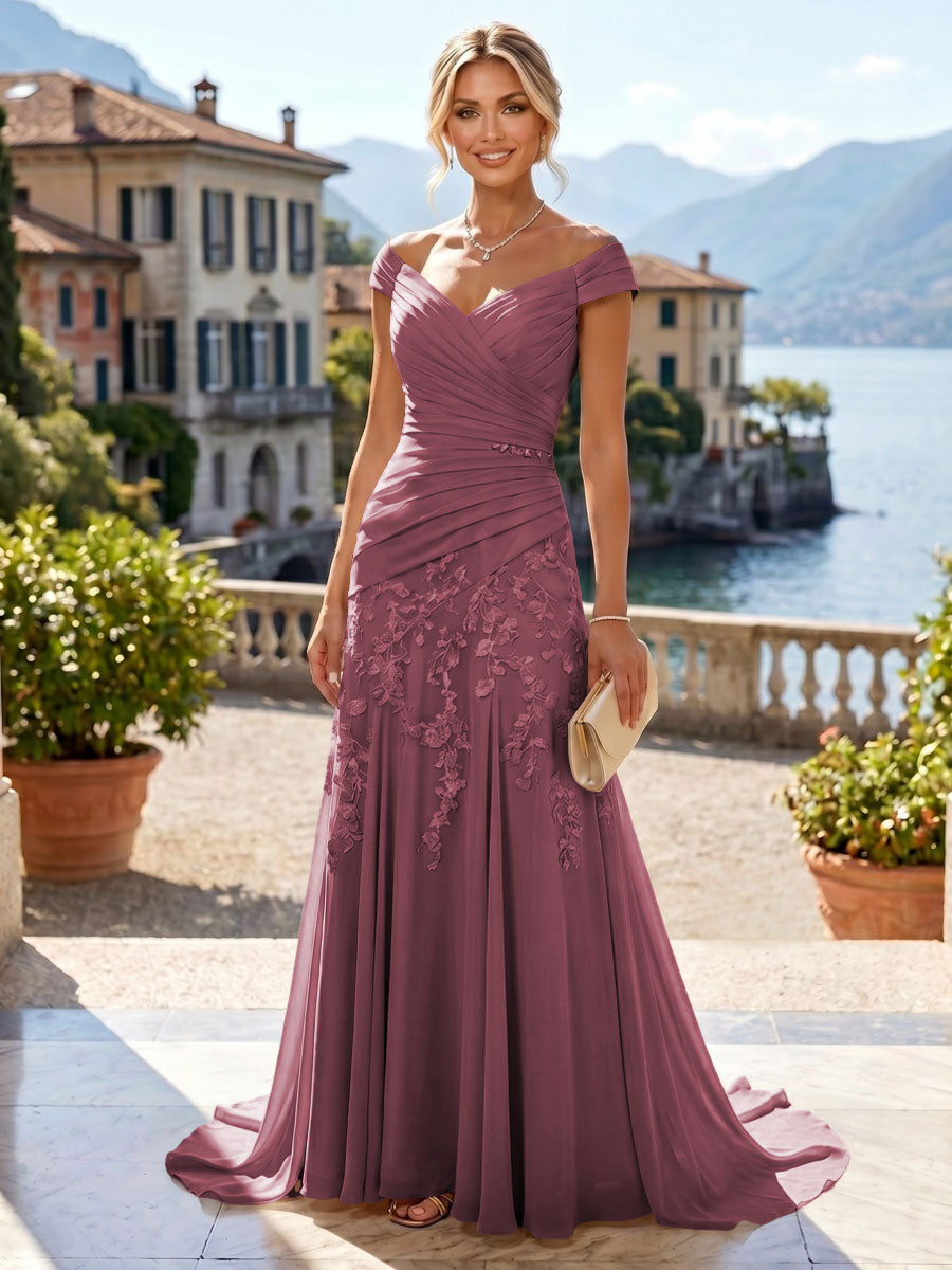 Chiffon Lace A-Line/Princess Off Shoulder Long Mother of the Bride & Groom Dresses with Ruched Waist & Sweep Train (SHI22501250)