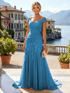 Chiffon Lace A-Line/Princess Off Shoulder Long Mother of the Bride & Groom Dresses with Ruched Waist & Sweep Train (SHI22501250)