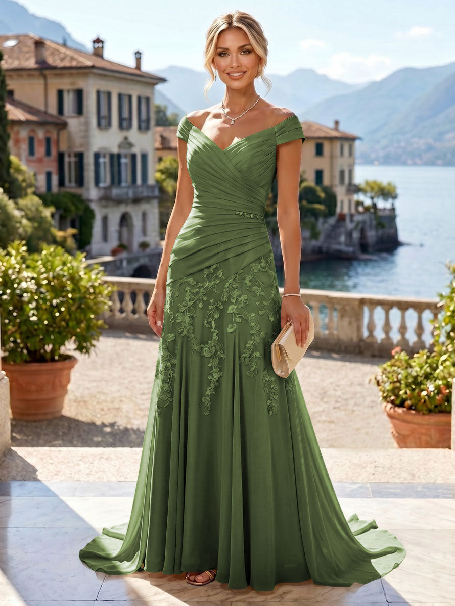 Chiffon Lace A-Line/Princess Off Shoulder Long Mother of the Bride & Groom Dresses with Ruched Waist & Sweep Train (SHI22501250)