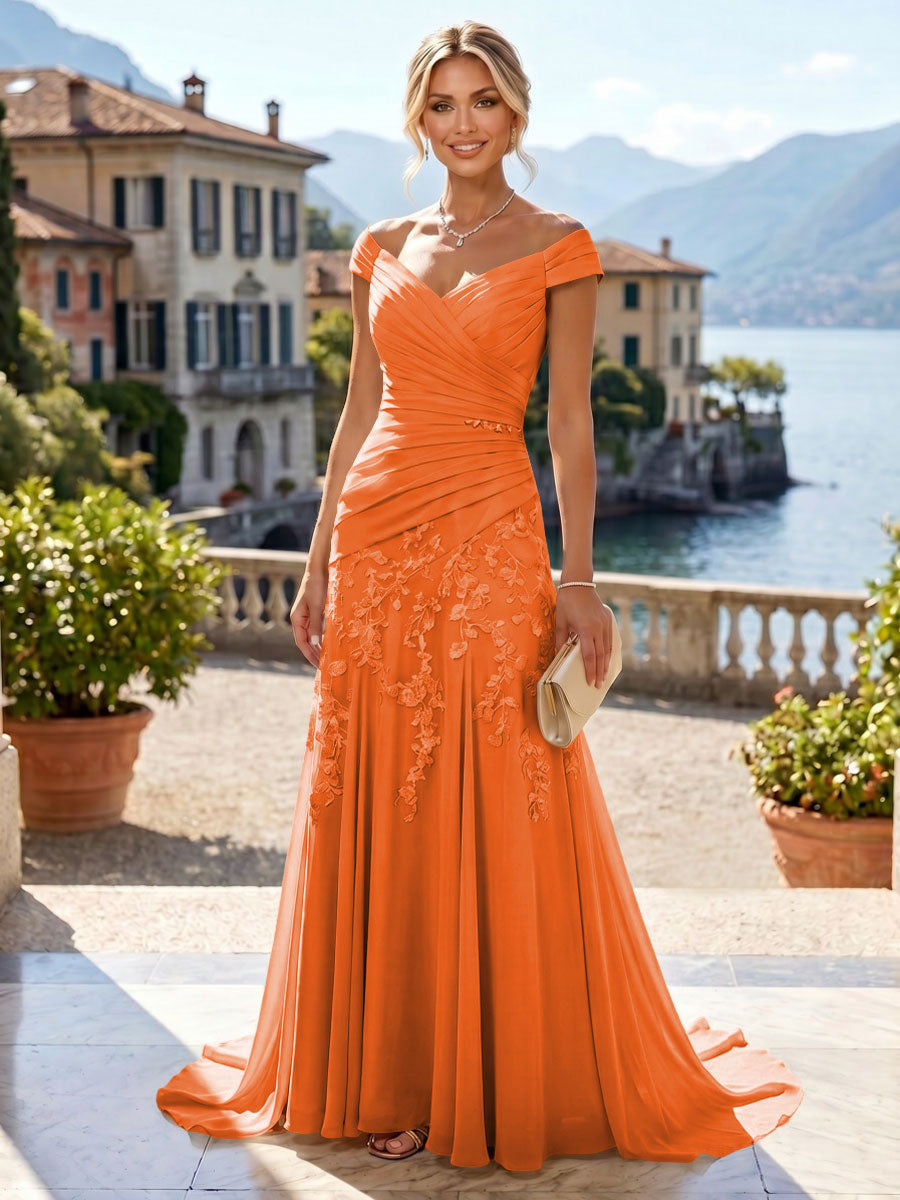 Chiffon Lace A-Line/Princess Off Shoulder Long Mother of the Bride & Groom Dresses with Ruched Waist & Sweep Train (SHI22501250)