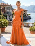 Chiffon Lace A-Line/Princess Off Shoulder Long Mother of the Bride & Groom Dresses with Ruched Waist & Sweep Train (SHI22501250)
