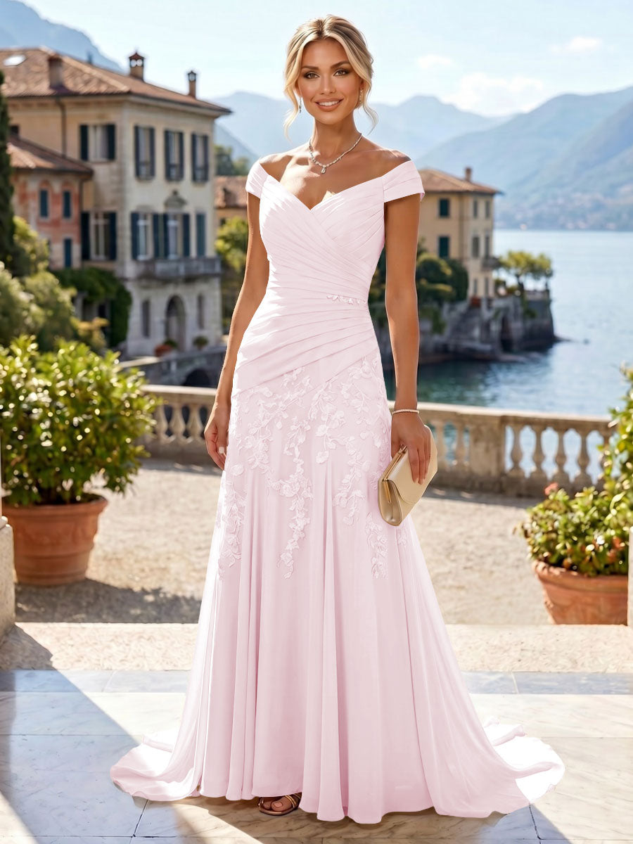 Chiffon Lace A-Line/Princess Off Shoulder Long Mother of the Bride & Groom Dresses with Ruched Waist & Sweep Train (SHI22501250)
